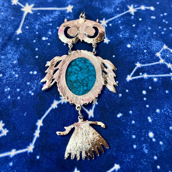 LAST CHANCE! VINTAGE 70's Chunky Turquoise Wise Owl Necklace Pendant - Picture 5 of 5